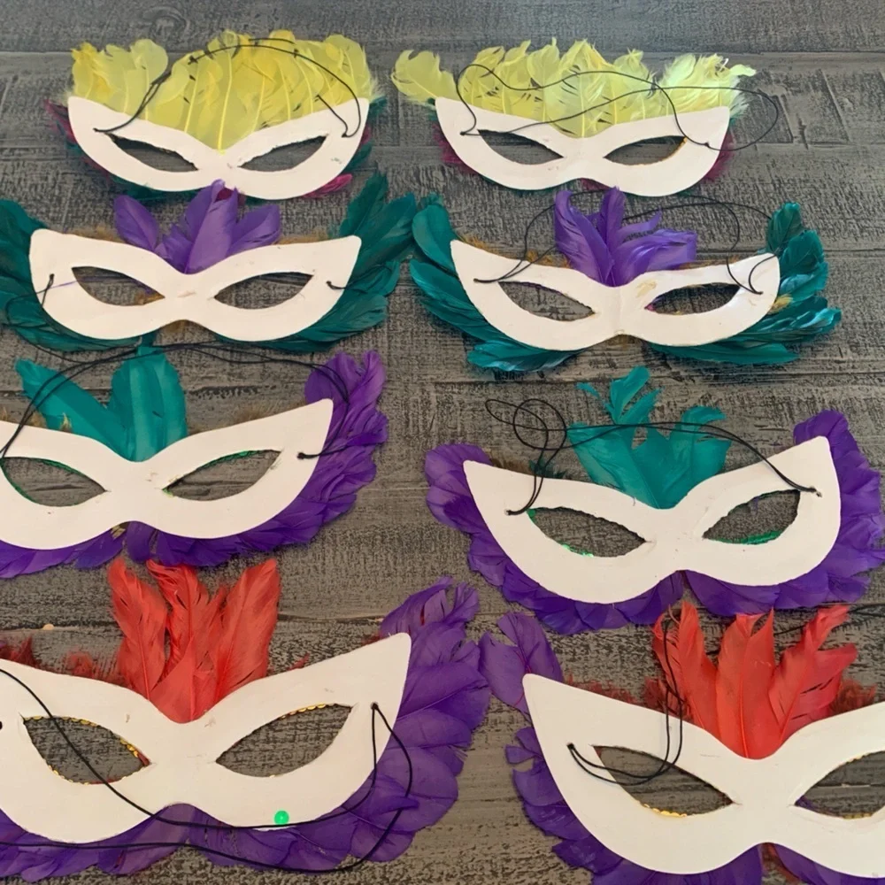Mardi Gras Masks 8 Feathered Sequin Elastic Band Colorful Cute Bright Masquerade